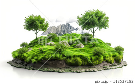 3d Illustration Of Lush Green Island Forest With Trees And Mountains On White Background. Beautiful Landscape With Green Grass And Clouds. 3d Illustration Of Lush Green Island Forest With Trees And Mountains On White Background. Beautiful Landscape With Green Grass And Clouds. 118537182