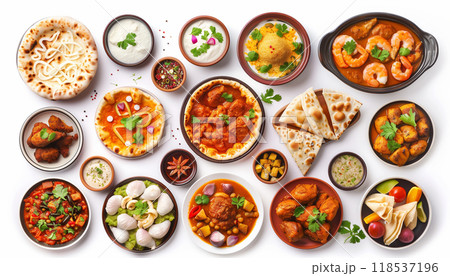 Top View Of Desi Indian Traditional Food Set: Pizza, Hummus, Biryani, Chicken Curry, Momos, Tikka, Korma, Samosas. Ramadan Iftar Food Collection Isolated On White Background. Top View Of Desi Indian Traditional Food Set: Pizza, Hummus, Biryani, Chicken Curry, Momos, Tikka, Korma, Samosas. Ramadan Iftar Food Collection Isolated On White Background. 118537196