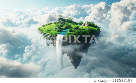 Scenic Floating Land With Blue River And Waterfall, Lush Greenery, Mountains, And Trees. Flying Island With Gorgeous Ocean Views. Captivating 3d Illustration Scenic Floating Land With Blue River And Waterfall, Lush Greenery, Mountains, And Trees. Flying Island With Gorgeous Ocean Views. Captivating 3d Illustration 118537197