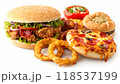 Collection Of Fast Food Items On White Background: Onion Rings, Sandwich, Fried Chicken, Pizza Slice, Hamburger. Close-Up Abstract Of Various Food Items. 118537199