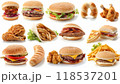 Delicious Fast Food Collection Set On White Background Featuring Fried Chicken, Fries, Hamburger, And More Close-Up Fast Foods 118537201
