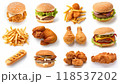 Fast Food Collection Set: Fried Chicken, Fries, Hamburger, Turkey, Hotdog, Sandwich, Chicken Nuggets, Shawarma On White Background. Closeup Of Junk Foods. 118537202