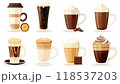 Collection Of Various Coffee Drinks Set With Different Types Of Cups, Including Cappuccino, Black Coffee, Choco Latte, And Hot Chocolate, Isolated On White Background. 118537203
