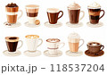 Different Types Of Coffee Cups Set: Cappuccino, Black Coffee, Choco Latte, And Hot Chocolate. Assorted Coffee Drinks Collection Set On White Background. 118537204
