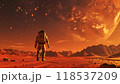 Exploring The Red Planet: A Journey Through Mars With Stars And Earth In The Background, Featuring A Space Man Walking In The Red Desert. 118537209