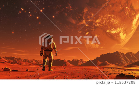 Exploring The Red Planet: A Journey Through Mars With Stars And Earth In The Background, Featuring A Space Man Walking In The Red Desert. 118537209