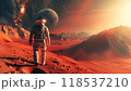 Exploring The Red Planet Mars With Stars And Planet Earth: A Concept Of Space Journey. Astronaut Walking Through The Red Desert. 118537210