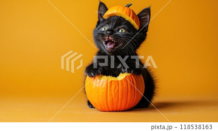 A black kitten is sitting on a table with a pumpkin on its head 118538163