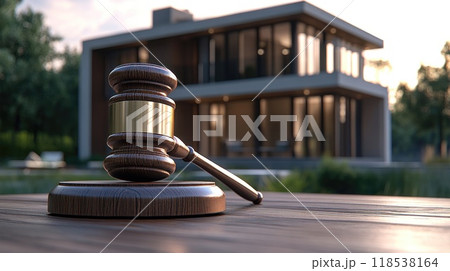 Wooden gavel placed on a table with a modern house and pool seen in the soft focus background 118538164