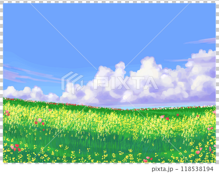 葉の花畑と青空と雲 118538194
