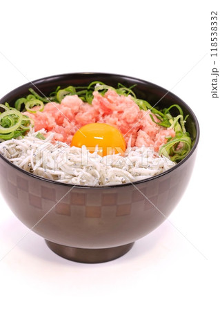 海鮮丼　しらす　マグロのたたき　ねぎ　玉子　明るい背景 118538332
