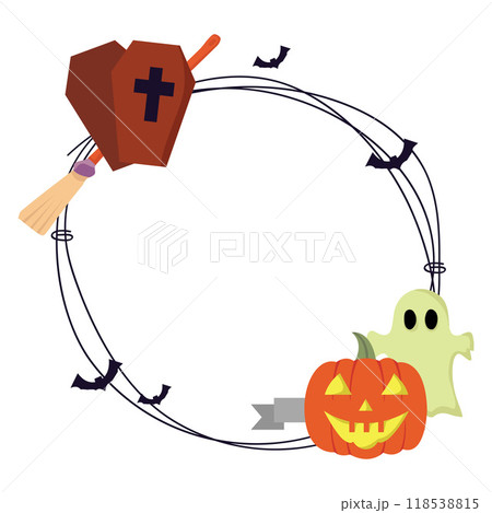 Halloween frame with pumpkins, bat, coffin, broom and ghost cartoon illustration	 Halloween frame with pumpkins, bat, coffin, broom and ghost cartoon illustration	 118538815