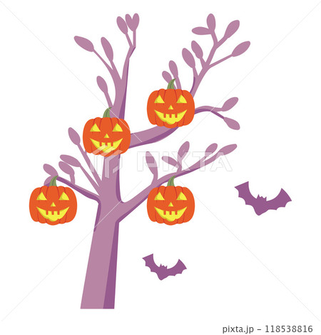 Illustration tree branch pumpkins, and bats halloween background	 118538816