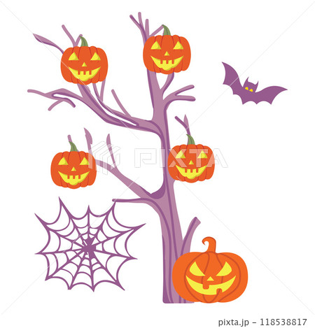 Illustration tree branch pumpkins ,spider web and bats halloween background	 118538817
