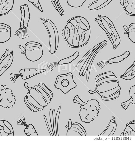 Seamless pattern of foods fruits and vegetables hand drawn line art 118538845