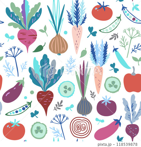 Seamless pattern with colorful doodle vegetables. Cute modern trendy  illustration. 118539878