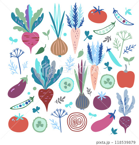 Big set of colorful doodle vegetables isolated on white background. Cute modern trendy  illustration. 118539879