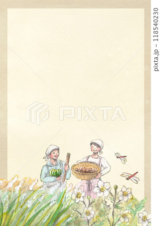 秋の収穫を喜ぶ人々の水彩画と紙テクスチャの背景素材　縦向きデザイン 118540230