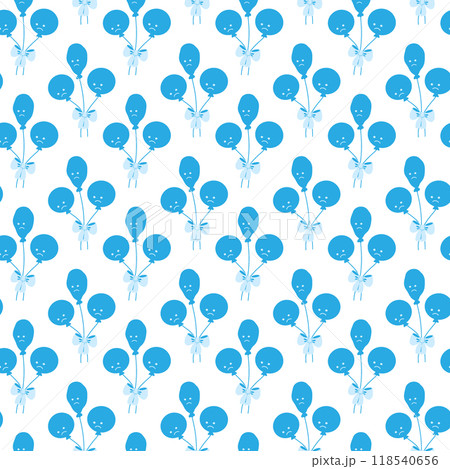 Deflated and circle balloons on rope tied with ribbon Seamless pattern in trendy monochrome blue 118540656