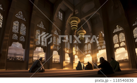 Group of Muslims Praying in a Mosque with Sunlight Streaming Through the Window, Creating Silhouettes.Generated image 118540830