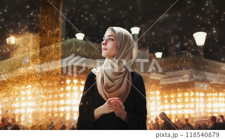 Muslim Woman in a Hijab Standing in Front of the Sacred Kaaba in Mecca.Generated image 118540879