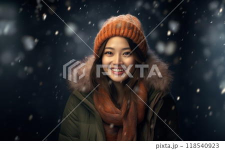 A beautiful Chinese woman exudes elegance as she poses for a portrait, donning a stylish jacket, capturing the serene charm of a snowy day with cultural grace 118540923