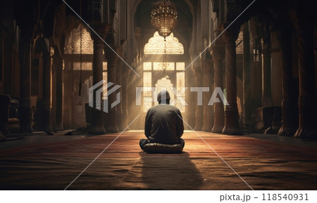 Devout Muslim Engaged in Prayer Inside a Serene Mosque.Generated image 118540931