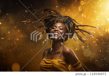 African American woman joyfully engages in traditional dance at a lively festival, showcasing the rich and dynamic expressions of her heritage 118540971