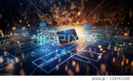 In the realm of financial concepts, an image captures the essence of a digital internet network with a global connection, highlighting the convenience of online payment through a digital card 118541100