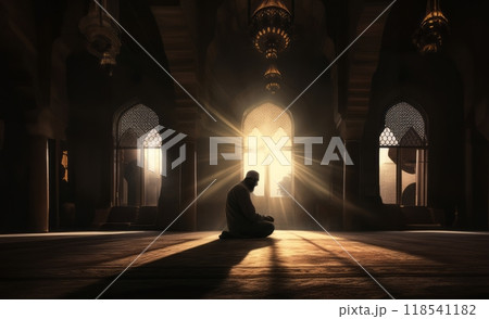 Silhouettes of a Muslim man and woman praying at a sacred site, bathed in the golden light of sunrise and sunset.Generated image 118541182