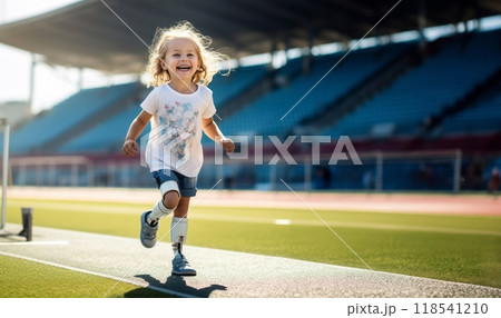 Determined girl with a leg prosthesis sprinting on an athletic track, showcasing her resilience and athleticism..Generated image 118541210