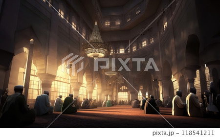 Group of Muslims Praying in a Mosque with Sunlight Streaming Through the Window, Creating Silhouettes.Generated image 118541211