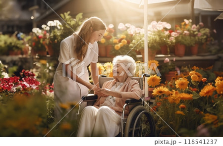 A compassionate doctor tends to an elderly woman in a wheelchair, providing dedicated care and support to enhance the well-being of the resident within the tranquil outdoor environment.Generated image 118541237