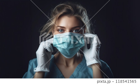 A weary doctor, adorned with a medical mask, reflects the exhaustion from relentless healthcare challenges. 118541565