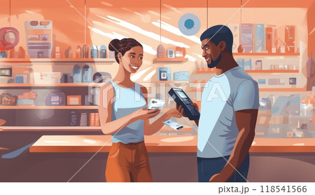 A customer at a cafe or restaurant completes a seamless transaction, using a credit card to pay at the cashier, showcasing the convenience of digital payment in the dining experience.Generated image 118541566