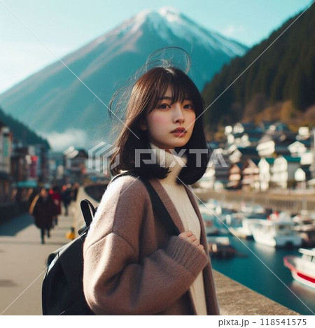 富士山に似た山がある町に観光に来た女性 富士山に似た山がある町に観光に来た女性 118541575