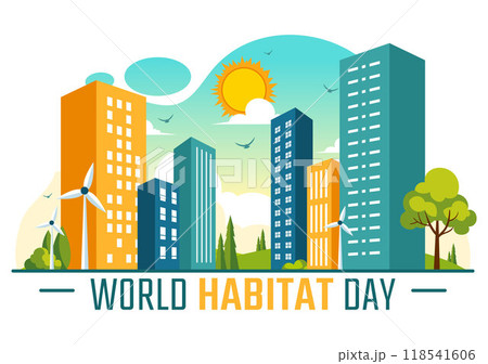 World Habitat Day Vector Illustration on 3 October, featuring a Clean City, Natural Trees, and Urban Areas for Adequate Housing in a Flat Background World Habitat Day Vector Illustration on 3 October, featuring a Clean City, Natural Trees, and Urban Areas for Adequate Housing in a Flat Background 118541606