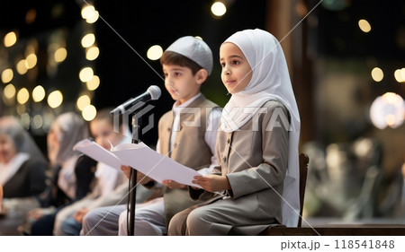 Closeup of Muslim children in elegant attire reciting the Quran, showcasing their devotion and cultural heritage..Generated image 118541848