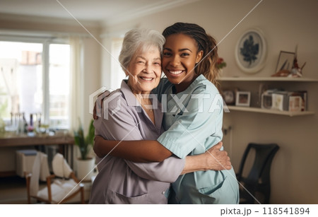 A doctor embraces an elderly patient in a hospital room, symbolizing the compassionate bond and emotional support that defines exceptional healthcare and geriatric well-being.Generated image 118541894