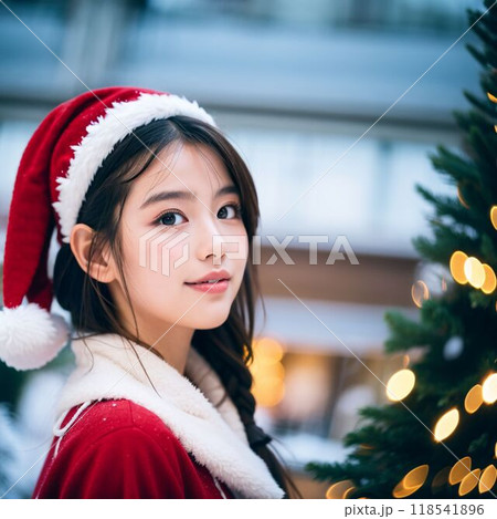 クリスマスツリーを背景に微笑む女性 118541896