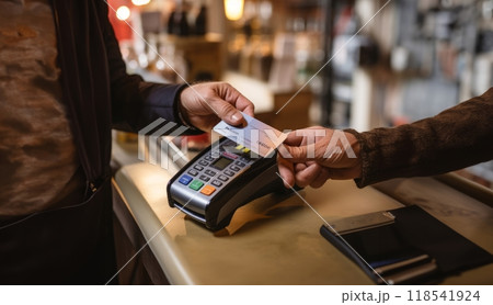 A customer at a cafe or restaurant completes a seamless transaction, using a credit card to pay at the cashier, showcasing the convenience of digital payment in the dining experience.Generated image 118541924