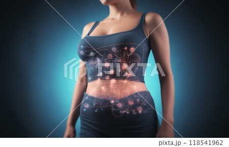Futuristic holographic display reveals intricate details of women's internal organs in a cutting-edge medical visualization. 118541962