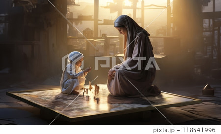 Mother Teaching Her Child the Proper Ablution Process and Prayer Preparation.Generated image 118541996