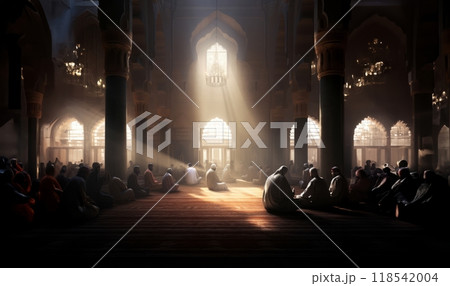 Group of Muslims Praying in a Mosque with Sunlight Streaming Through the Window, Creating Silhouettes.Generated image 118542004