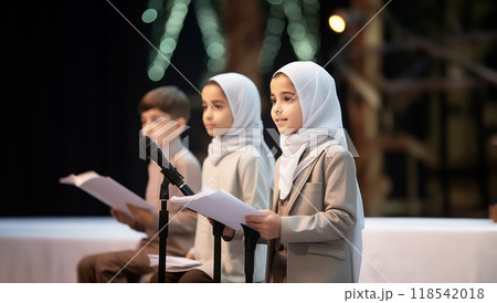 Closeup of Muslim children in elegant attire reciting the Quran, showcasing their devotion and cultural heritage..Generated image 118542018