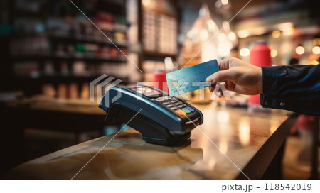 A customer at a cafe or restaurant completes a seamless transaction, using a credit card to pay at the cashier, showcasing the convenience of digital payment in the dining experience.Generated image A customer at a cafe or restaurant completes a seamless transaction, using a credit card to pay at the cashier, showcasing the convenience of digital payment in the dining experience.Generated image 118542019