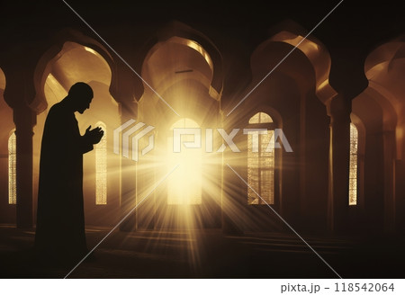 Silhouettes of a Muslim man and woman praying at a sacred site, bathed in the golden light of sunrise and sunset.Generated image 118542064