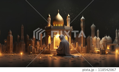 Elderly Muslim in Traditional Attire Praying in a Sacred Place.Generated image Elderly Muslim in Traditional Attire Praying in a Sacred Place.Generated image 118542067