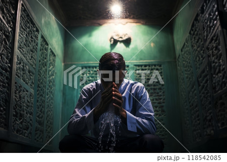 Preparing for Prayer: A Young Muslim Performing Ablution with Devotion.Generated image 118542085
