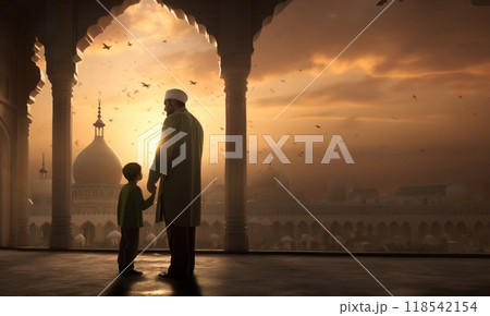 Father and Son in Ihram at a Sacred Site During Their Pilgrimage.Generated image 118542154
